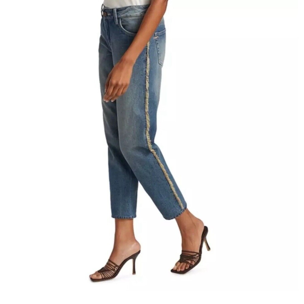 Johanna Ortiz Adventurist Jeans 8 Blue Mid Rise Frayed Side Stripe NWOT